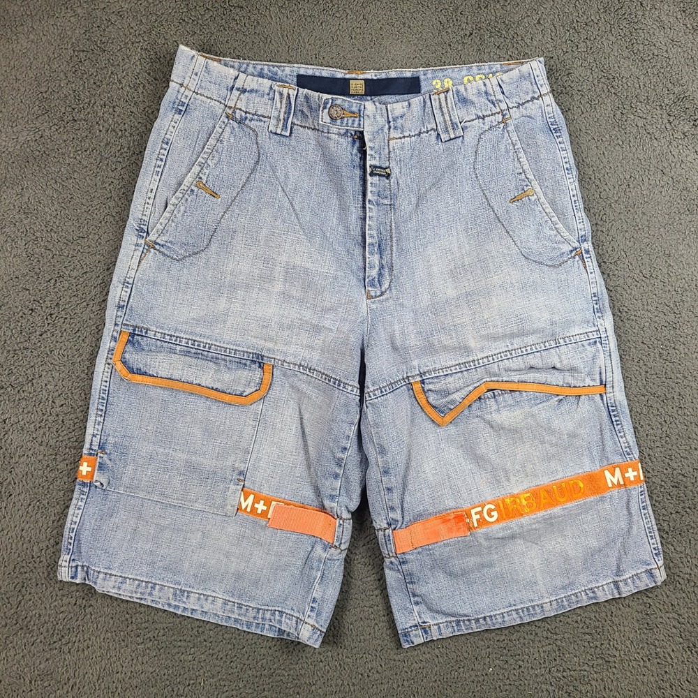 Marithe Francois Girbaud Mens Denim Cargo Shorts Light Wash Orange Tape Size 36